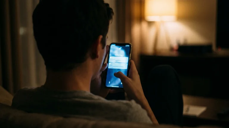 Personne de dos consultant un smartphone dans une pièce faiblement éclairée