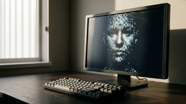 Écran d'ordinateur affichant un visage numérique abstrait composé de points lumineux