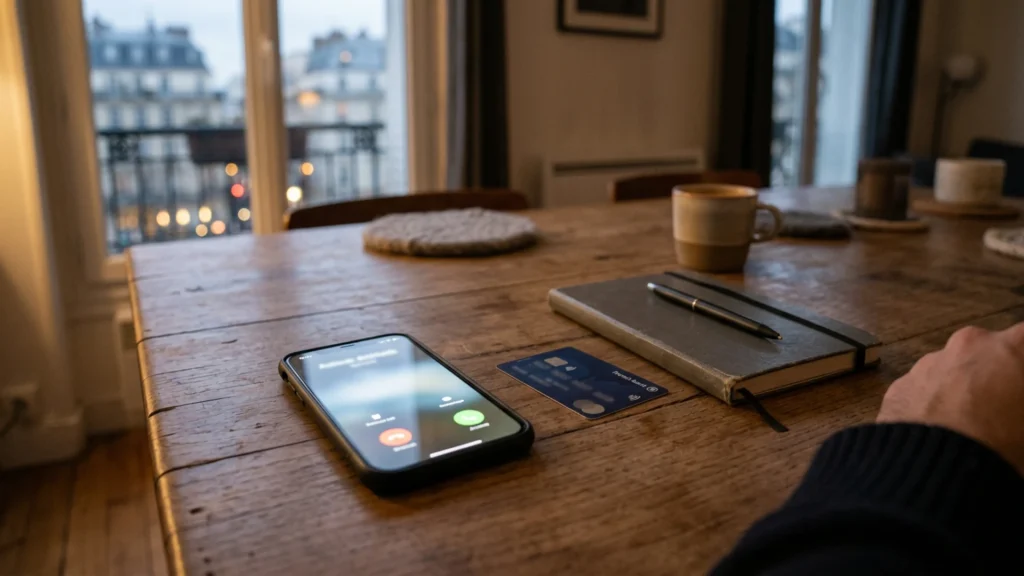 Smartphone affichant un appel entrant sur une table de cuisine, illustration de l'arnaque au faux conseiller bancaire