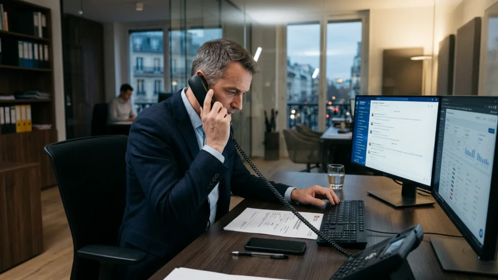 Dirigeant d’entreprise au téléphone devant un ordre de virement, illustration de la fraude au président