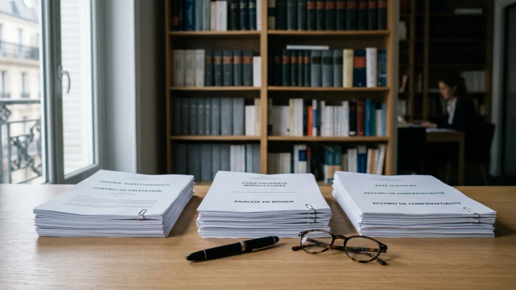 Trois piles de documents sur un bureau, illustration des démarches plainte, CNIL et banque après une fuite de données