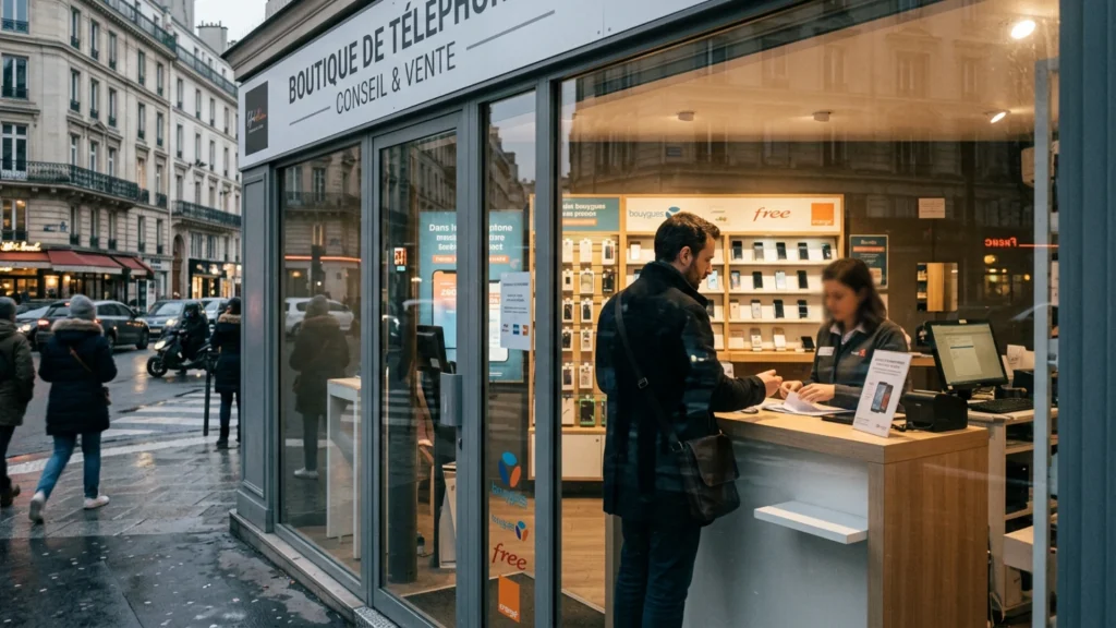 Boutique de téléphonie vue de la rue, illustration de la fuite de données chez SFR