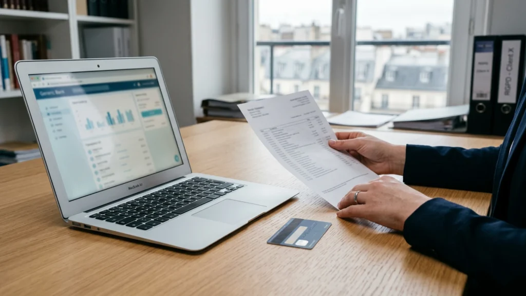 Personne consultant un relevé bancaire papier à côté d'un ordinateur, illustration d'une fuite d'IBAN