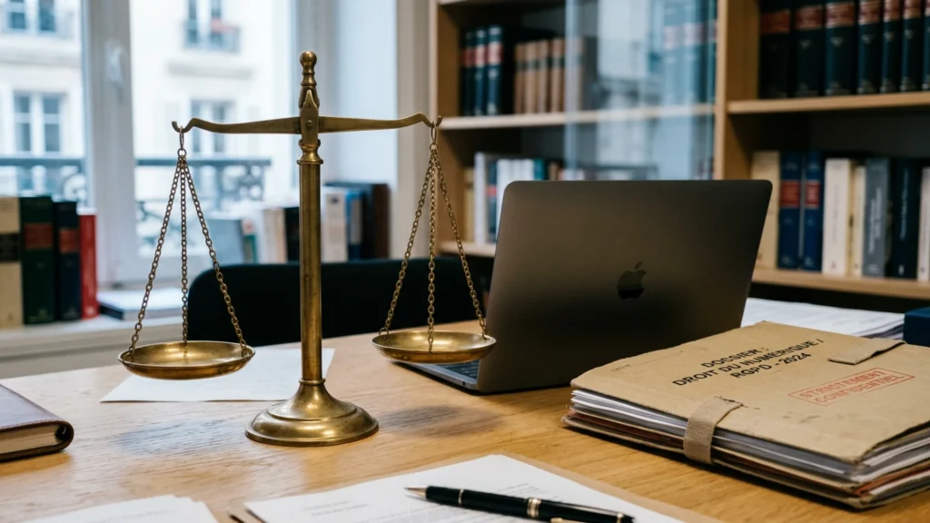 Balance de justice posée sur un bureau, illustration de l'indemnisation après une fuite de données personnelles