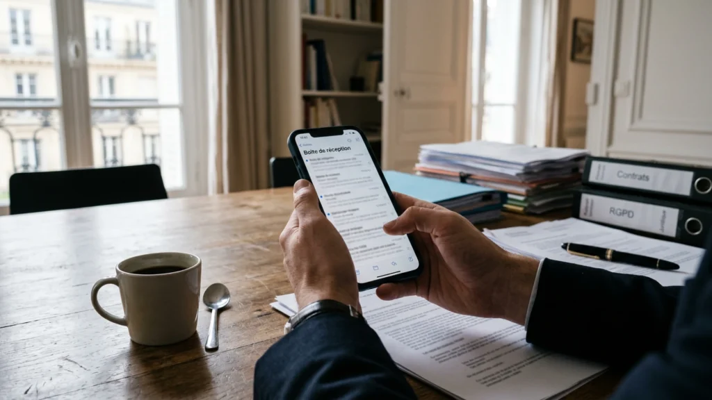 Personne vérifiant un courriel sur son smartphone à côté de documents administratifs