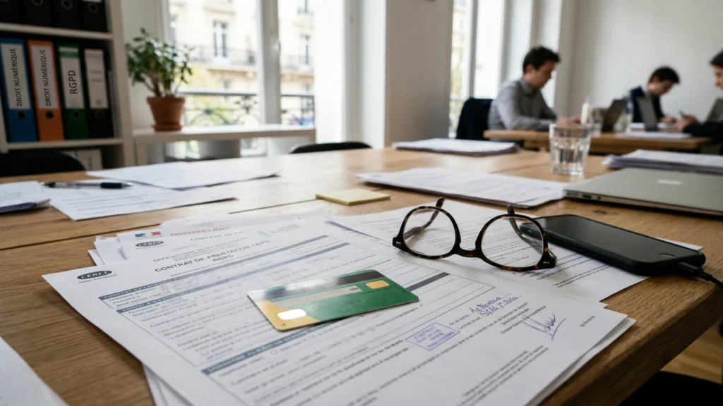 Carte Vitale posée face cachée sur des documents administratifs, illustration du vol de numéro de sécurité sociale