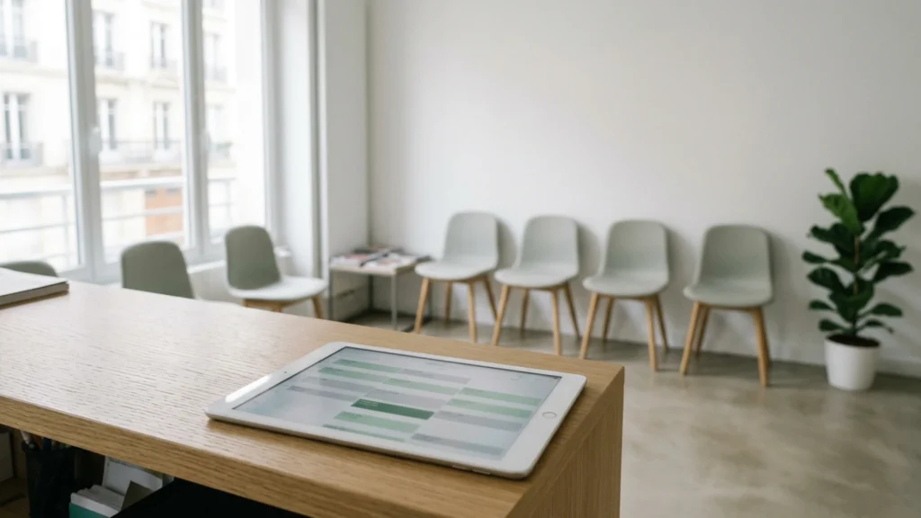Salle d'attente médicale vide, illustration du piratage revendiqué d'Alaxione