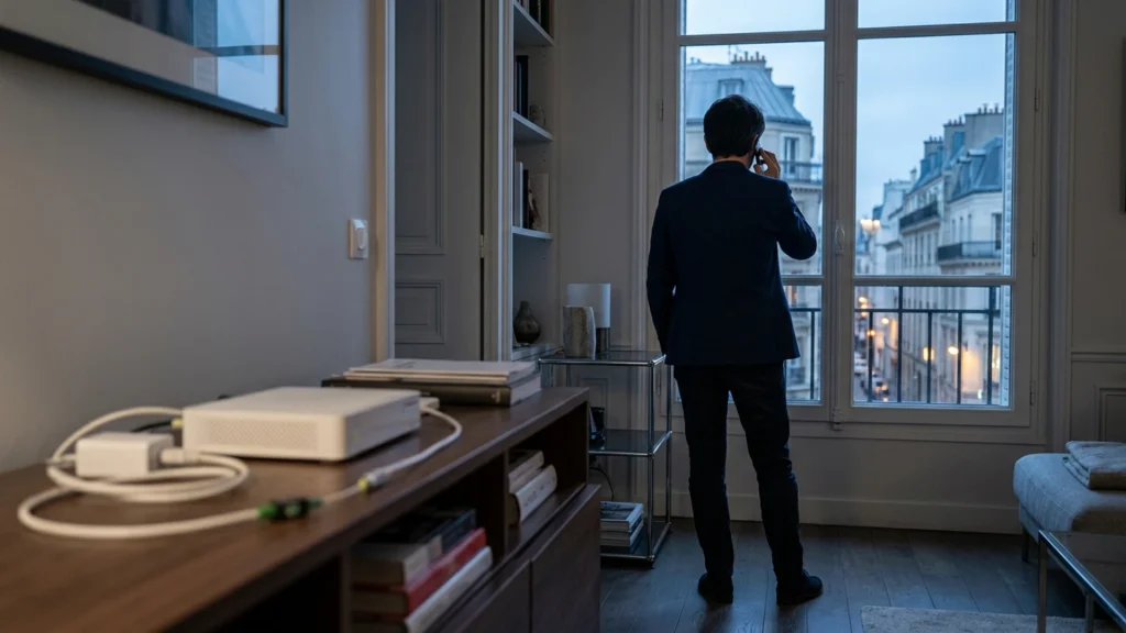 Personne au téléphone dans son salon, illustration des réflexes à adopter après le piratage de SFR