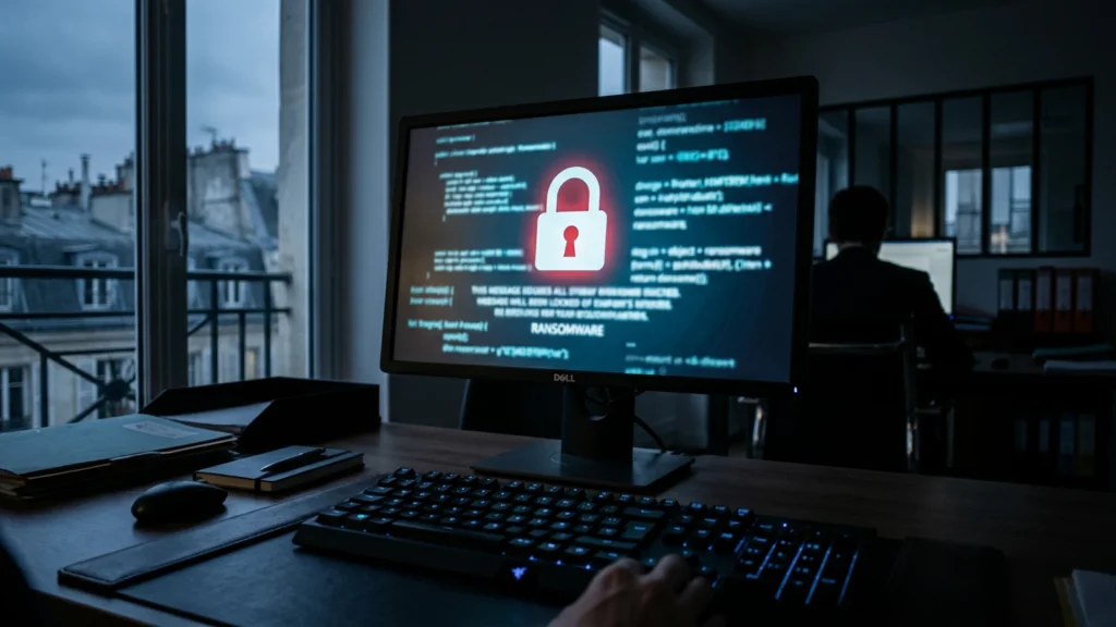 Écran verrouillé par un rançongiciel dans un bureau sombre