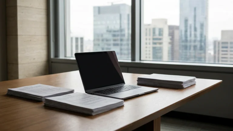 Contrats et ordinateur portable sur la table d'une salle de réunion d'une direction financière