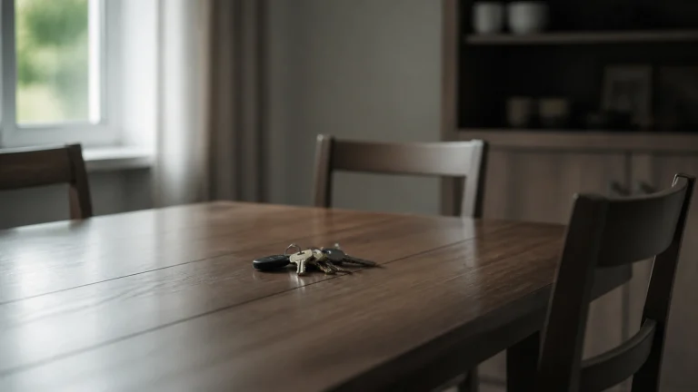 Table de salle à manger familiale avec trois chaises vides et un trousseau de clés