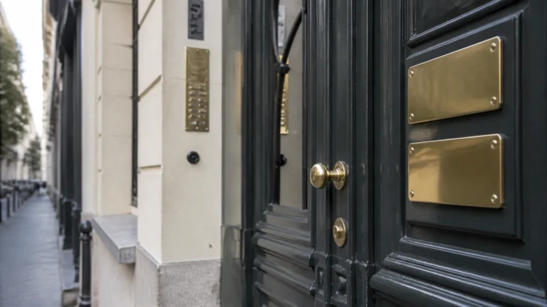 Porte d'immeuble parisien portant deux plaques professionnelles en laiton