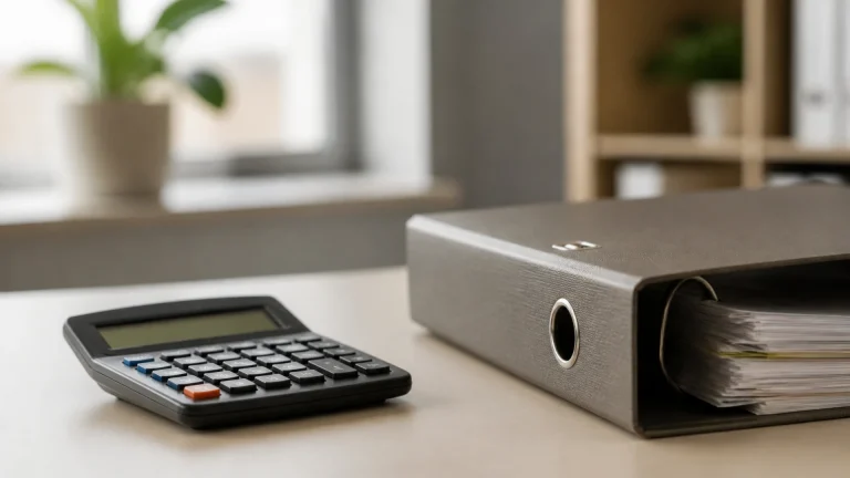 Calculatrice de bureau et classeur à levier posés sur un plan de travail