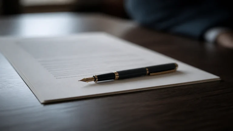 Stylo plume posé en travers d'un document fermé sur une table en bois