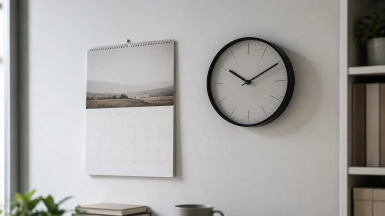 Calendrier mural sobre et horloge accrochés à un mur blanc