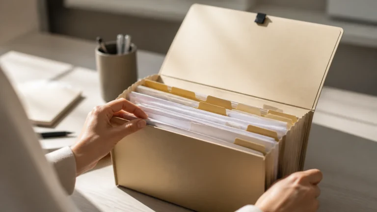 Pochette cartonnée ouverte contenant des feuillets classés par onglets