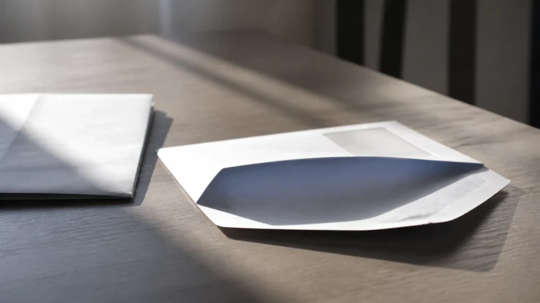 Enveloppe administrative ouverte et courrier plié posés sur une table