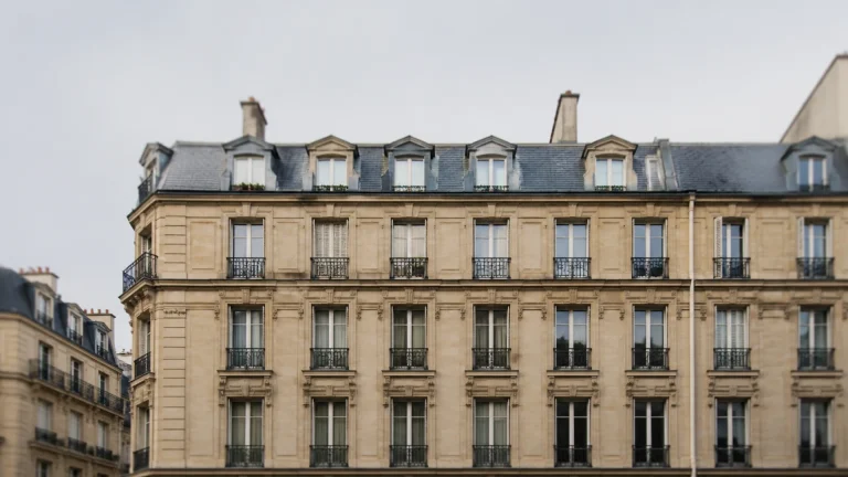 Façade en pierre d'un immeuble d'habitation aux fenêtres alignées