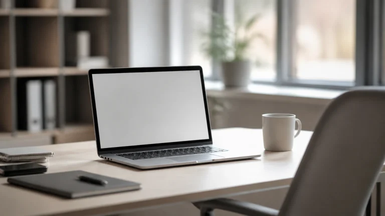 Ordinateur portable ouvert sur un bureau clair devant une chaise vide