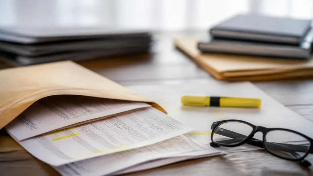 Enveloppe administrative ouverte et relevés surlignés sur un bureau