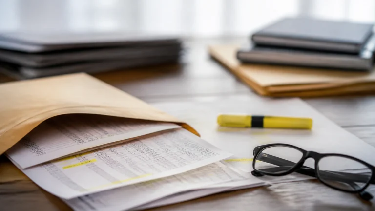 Enveloppe administrative ouverte et relevés surlignés sur un bureau