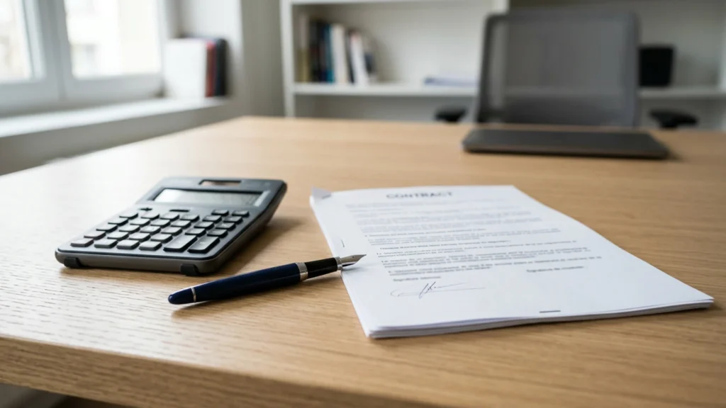 Calculatrice, contrat imprimé et stylo plume posés sur un bureau en bois clair