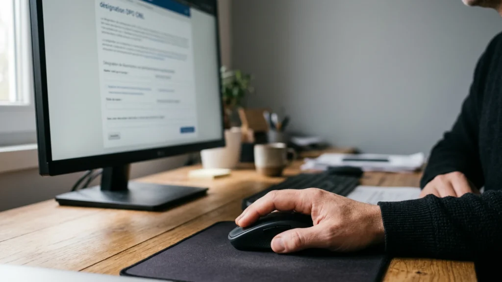 Main sur la souris devant un écran affichant un formulaire administratif en ligne