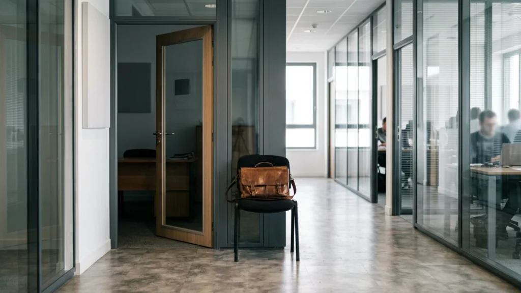Couloir de bureaux vitrés avec une porte entrouverte et une sacoche en cuir posée sur une chaise