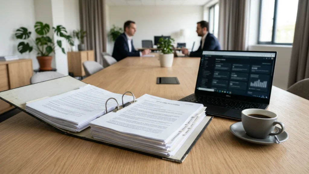 Classeur de documents de conformité ouvert sur une table de réunion, à côté d’un ordinateur portable et d’une tasse de café