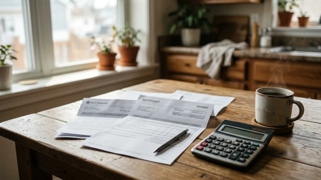 Relevés de comptes surlignés et dossier cartonné sur une table, préparation d'un examen de situation fiscale personnelle
