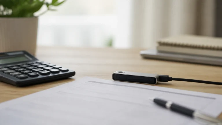 Déclaration de revenus, calculatrice et portefeuille matériel de cryptomonnaie sur un bureau
