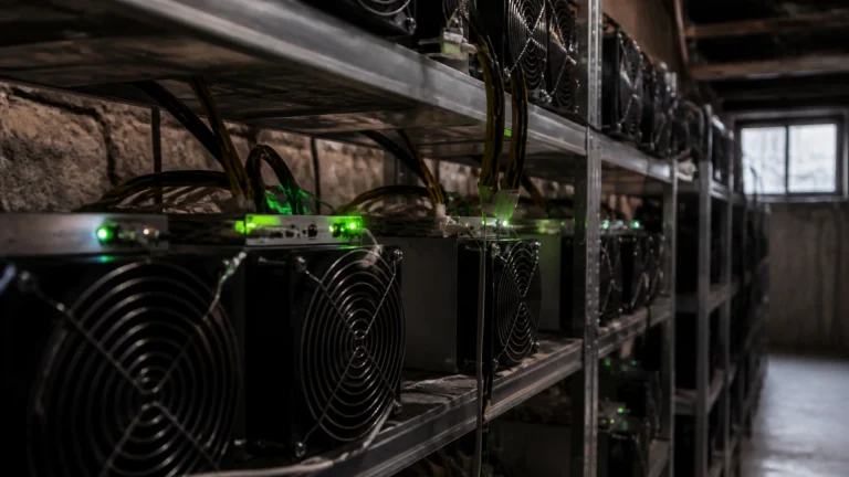 Rangée de machines de minage de cryptomonnaie dans une pièce sombre