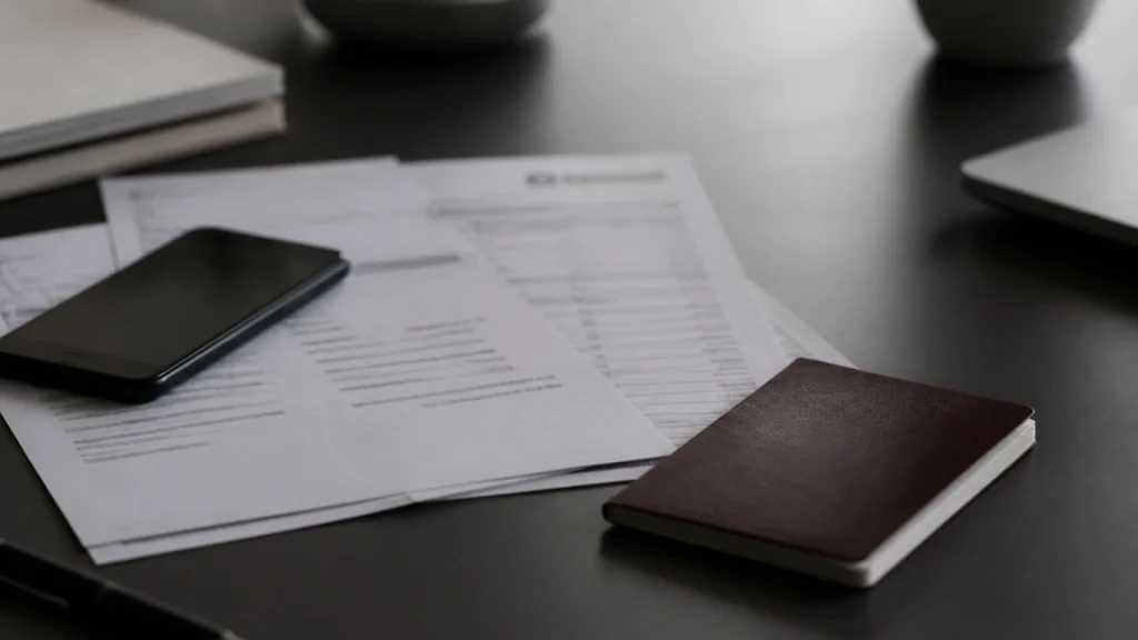 Téléphone posé sur des relevés bancaires imprimés et un passeport fermé