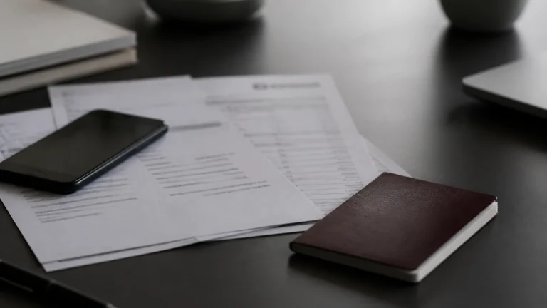 Téléphone posé sur des relevés bancaires imprimés et un passeport fermé
