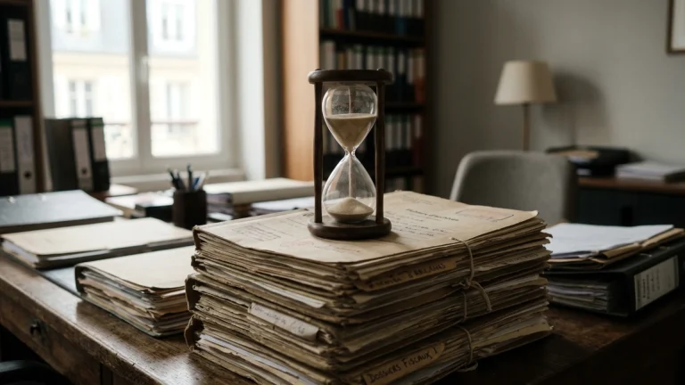 Classeurs d'archives fiscales rangés par année sur une étagère, illustrant les délais de prescription fiscale